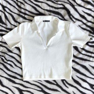 ZARA (Size S) Bottomless White Crop Top Polo Shirt